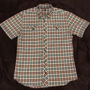 Green, white, and grey plaid  button down shirt